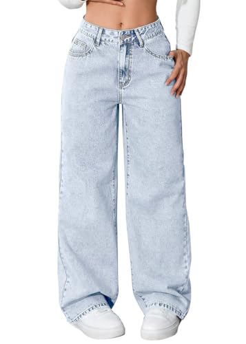 shownicer Baggy Jeans Damen Casual High Waist Weites Bein Jeanshosen Stretch Wide Leg Damenjeans A Hellblau S