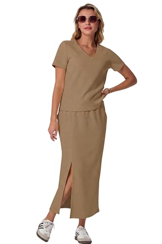 Image of GRECERELLE Women Summer Casual 2 Piece Sets V-Neck Wrinkle-Free Top & Elastic Waist Midi Side Slit Skirt with Pockets