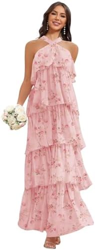VGZ Halter Chiffon Bridesmaid Dresses for Women Tiered Ruffle Lon...