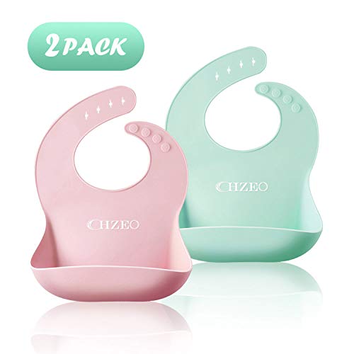 Lot de 2 bavoirs imperméables en silicone pour bébé, bavoirs lavables en silicone doux, nettoyage facile, bavoir silicone avec bac de récupération (Rose/turquoise)