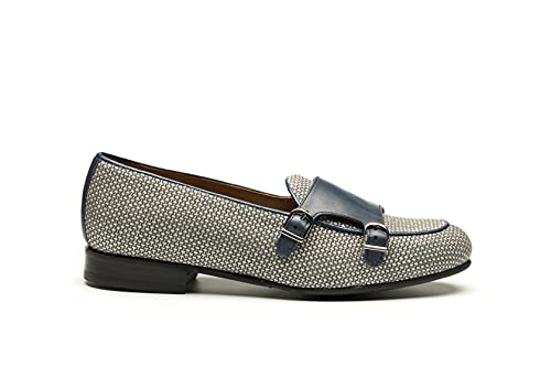 Mocasín D'Como de doble hebilla en rafia y becerrito azul talla 43