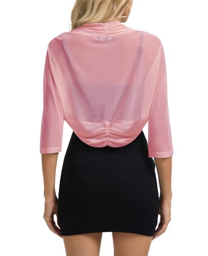 Image of MINTLIMIT Women's Elegant Sheer Mesh Shrug Bolero Batwing 3 /4 Sleeve Open Front Cropped Cardigan Shrugs for Evening Dress