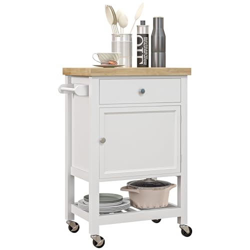 HOMCOM Utility Kitchen Cart, Rolling Kitchen Island with Smooth Rubberwood Top, Narrow Butcher Block Surface on Wheels with Storage Drawer & Cabinet, White