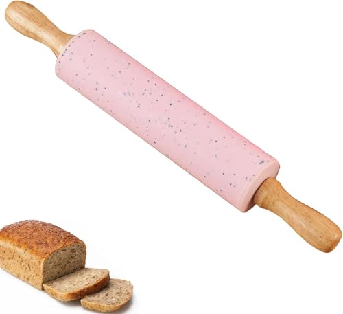 Fymlhomi Silicone Rolling Pin for Baking,15Inch Pastry Dough Roller with Wooden Handle,Non Stick Surface Rolling Pin for Dough Cookie Pastry Tapered Dumpling Baking Supplies Kitchen Accessories