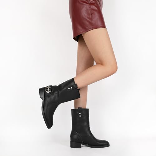 Mettesally Women Mid Calf Boots Chunky Low Heel Ankle Boots Riding Motorcycle Fall Boots 1.4 Inch4