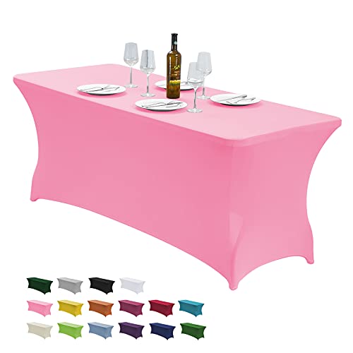 Image of CWK 6FT Waterproof Stretch Spandex Table Cover for Rectangular Tables - Elastic Fitted Tablecloth for Folding Tables,Wrinkle Resistant Table Cloth for Parties, Weddings, Banquets & Events (Pink)