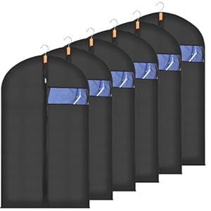 6 Pack Suit Bags Garment Bags for Hanging Clothes, Waterproof Dustproof Moth-proof Clothes Covers with Zip, Suit Storage Bags for Suits, Dresses, Coats, Gowns and Jackets, 60 x 100 cm, Black