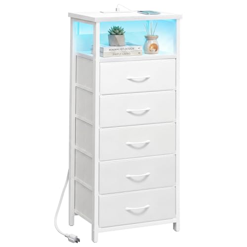 Image of Fixwal Tall Nightstand with Charging Station and LED Lights, Night Stand with PU Finish Fabric Storage Drawers, 5 Drawer Dresser, White