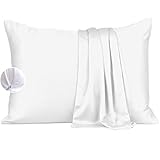 Bamboo Pillow Cases - Set of 2 Zippered Pillowcase, White, Bamboo Silk Pillowcase for Hair and Skin, Cooling Soft Stay Cool Pillow, Cold Case, Pillow Case Set Sustainable, Satin Weave