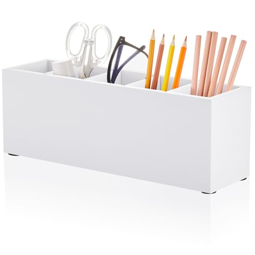 Image of Jetec Wooden Pencil Pen Holder for Desk 5 Compartments Cosmetic Makeup Brush Stationery Office Desktop Organizers for Countertop Adjustable Silverware Caddy for Party, Art Supplies,Home(White)