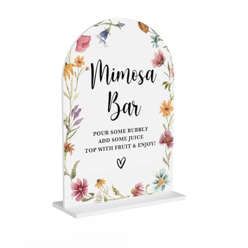 Acrylic Wedding Signs Bridal Shower Decorations Mimosa Bar Signs for Reception Modern Calligraphy Arch Acrylic Table Top Sign for Wedding Reception and Engagement Parties (White Wildflowers)