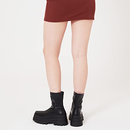 Femflame Black Platform Boots For Women Square Toe Chunky Heel Pull-On Stretch Ankle Boots Pu Leather Gothic Punk Motorcyle Short Boots For Women #TOP3