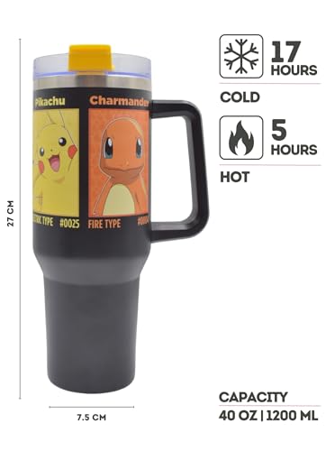 HOX Pokemon 40oz (1200ml) Insulated Tumbler Stainless Steel Cup with Straw and Handle for Water, Iced Tea, Coffee or Smoothie, Black