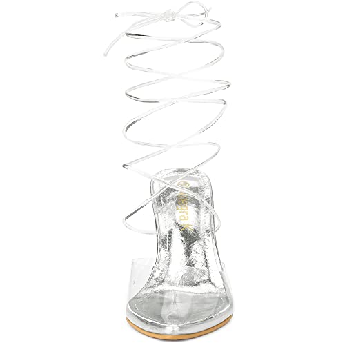 Allegra K Allegra K Women's Clear Heels Lace Up Strappy Stiletto Silver Heel Sandals 8 M US