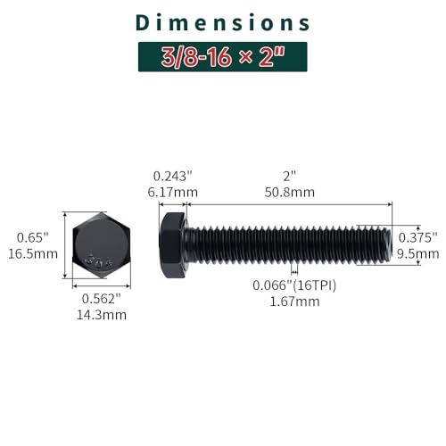 Image of 3 /8-16 x 2 Hex Bolts with Nuts and Washers (8 Sets), 18-8 (304) Stainless Steel, External Hex Drive, Black Oxide Coated Hexagon Head Bolts Screws, Fayeploo
