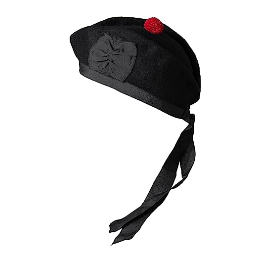 YAS Designer Gorra Glengarry negra unisex para adultos, sombrero tradicional escocés, accesorios de lana, 100 % lana pura, cinta de algodón de poliéster (7 3/4 (62 UK), liso), Negro Liso, 63