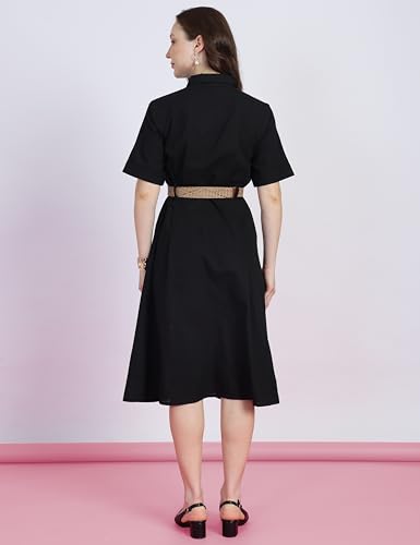 Image of FYLTR Women's Solid Midi Dress - 100% Cotton | Half Sleeve | Western Dress for Women | Office wear Dress (Belt Included)