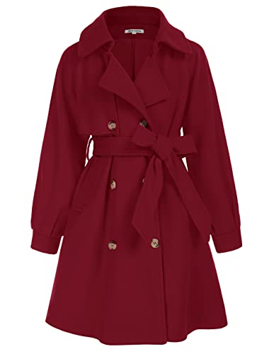 Image of GRACE KARIN Girls Long Winter Coats Lapel Wool Blend Dress Coat with Pockets Belt Burgundy Jackets for Holiday 14Y