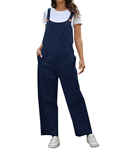 Chelsil Women's Linen Jumpsuit Casual Cotton Adjustable Strap Drawstring Rompers Overalls with Pocket Blue M