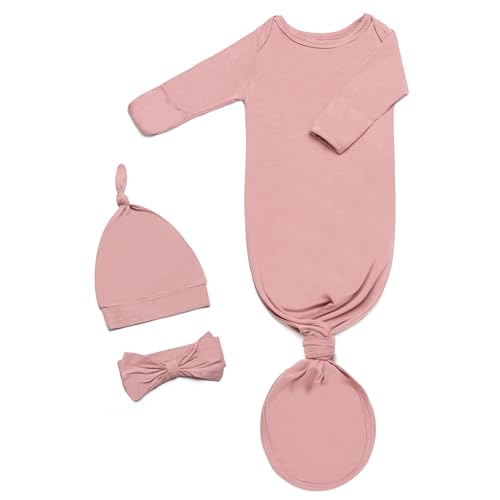 Image of Knotted Gown Baby Newborn Coming Home Outfit Boy Girl, Soft Modal Infant Sleeper 0-3 Months, Announcement Clothes Nightgown for New Babies with Mittens, Bow and Hat Set Bean Pink