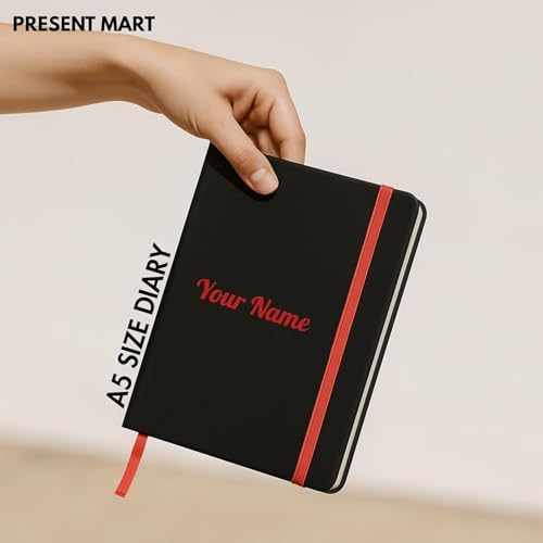 Image of Personalised PU Leather Diary - A5 Size Black Hardbound Notebook with Name Print & Matching Strap, 176 Pages 80 GSM Paper, Calendar, Memo Section, Ideal for Gifting