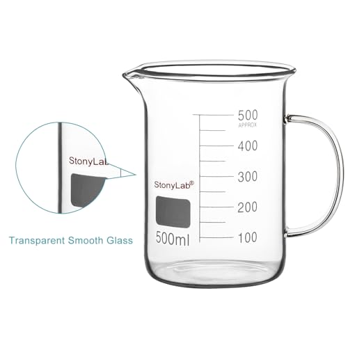 Image of stonylab Glass Beaker with Handle, Borosilicate Glass Graduated Low Form Griffin Beaker with Handle and Pouring Spout, 500 ml