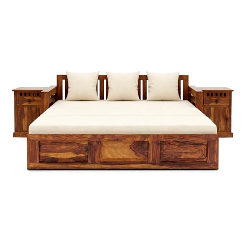 Image of SONA ART & CRAFTS Regal Sheesham Wood 3 Seater Sofa Cum Bed with Bedside | Wooden 3 Seater Sofa for Living Room Wooden Furniture Sofa Bed for Home (Natural Finish)