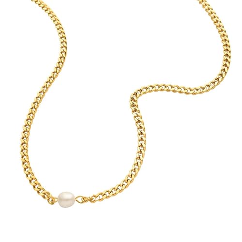 Collier en acier inoxydable maille gourmette dorée 15.5 pouces avec perle