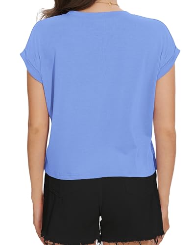 Image of Womens Crop Tops Summer Roll Cap Sleeve Cropped Tshirt Loose Fit Basic Tees