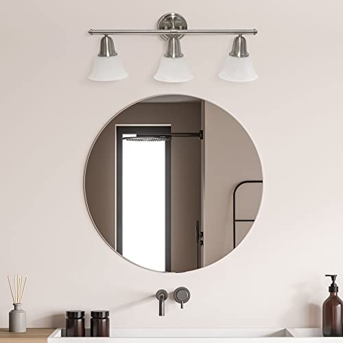 Image of Simple Designs VT1027-BSN 26.5 inch Classic 3 Light Straight Metal Bar & Frosted Marble White Bell Shape Glass Shades Decorative Wall Mounted Vanity Fixture Bathroom, Entryway, Hallway, Brushed Nickel