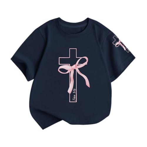 Image of Girls Cute Christian Shirts Kids Pink Bow Shirt Jesus God Faith Tshirts Aesthetic Cross Bible Verse Graphic Tee Tops