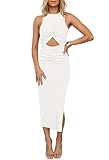 HUUSA Women's Summer Sleeveless Tie Waist Ruched Bodycon Sundresses Casual Round Neck Side Split Ribbed Long Dresses Sexy Cut Out Slim Fitting Tank Top Tshirt Dress White L