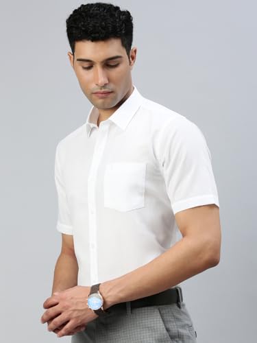 Image of RAMRAJ COTTON Men White Half Sleeve Shirt Crafted For Comfort| Durability| And Timeless Everyday Style