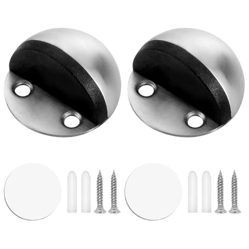 2 Pieces Stainless Steel Door Stopper, Floor Door Stopper, Sound Dampening Rubber Buffer, Floor Mounted with Screws or Self Adhesive Pads, DIY, Silver