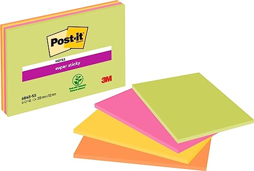 Post-it Super Sticky Meeting Notes, Packung mit 4 Blöcken, 45 Blatt pro Block, 203 mm x 152 mm, Farben: Grün, Pink, Gelb, Orange - Extra-stark klebende Notizzettel für To-Do-Listen und Erinnerungen
