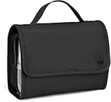 ROOTS Hanging Toiletries Bag for Travel – Foldable with 4 Zippered Compartments, Wet Pocket, Double Closure, Made from Recycled Fabric – Black