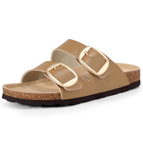 Image of KIDMI Women's Cork Footbed Slide Sandals Comfortable Arch Support Outdoor Sandal with Big Adjustable Buckle for Summer