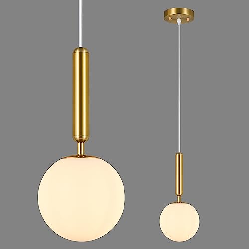 ZPBSJ Modern Golden Pendant Light for Kitchen Island Mid Century Pendant Lights with Globe Milky White Glass Pendant Light for Dining Room Bathroom Entryway Bedroom(1-Pack)