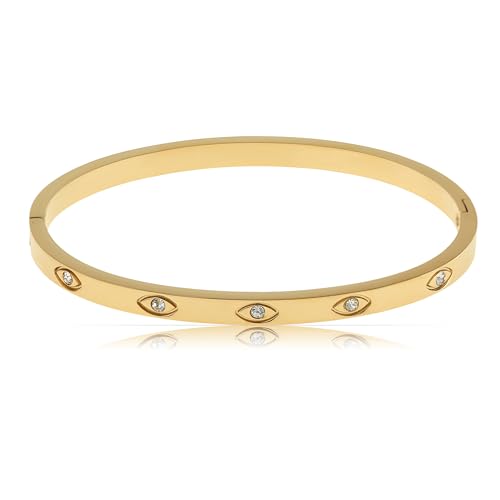 Bracelet jonc doré Nami avec mauvais œil gravé et pierres précieses, acier inoxydable chirurgical, 5,8 cm, étanche, cadeau pour elle