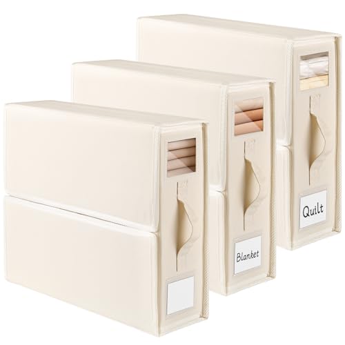JAECU 3 Piezas Caja Organizador Sabanas, Tela Oxford Organizador de Ropa de Cama Plegable con Ventana y Etiquetas, para Debajo de Camas, Armarios, Cajones (Beige)