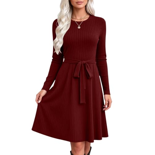 Fall Dresses for Women Fall Sweater Dress Long Sleeve Tie Waist Midi Dress - image 2