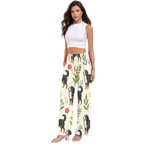 Pantalon long décontracté avec taille smockée haute et coupe palazzo