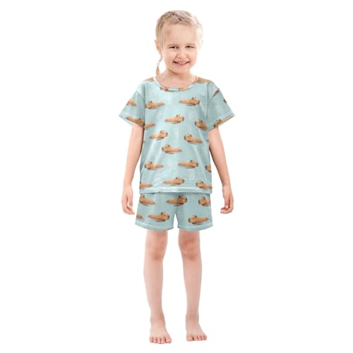 Pajama Short Sets Capybara Swimming Water Soft Cotton Summer Sleepwear 2 Piece PJS Size 5-14T4