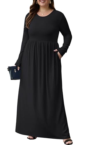 OLRIK Womens Plus Size Maxi Dresses for Curvy Women Fall 2025 Casual Long Sleeve Long Dress with Pockets 1X-5X