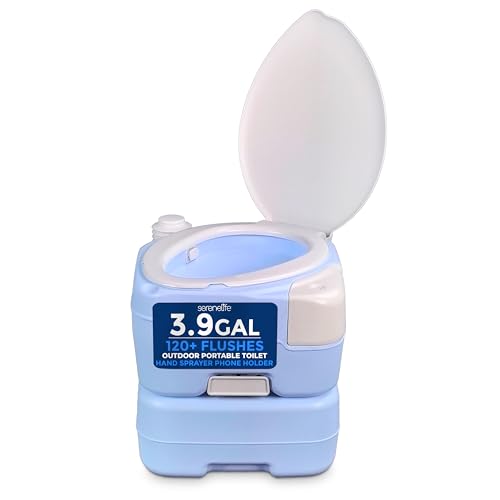 Image of SereneLife 4 Gal Portable Camping Toilet For Adults, 100+ Flushes, Porta Potty Camp Toilet with Phone Holder, Hand Sprayer, Plastic Funnel for Camping, Hiking, and Boating