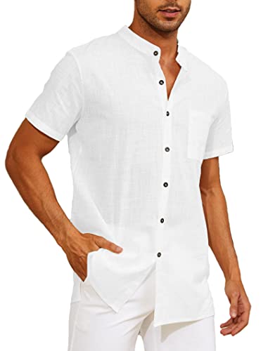 Yutdeng Camisas Lino Hombre Manga Corta Camisas de Verano con Bolsillo Camisas Hawaiana Playa Cuello Mao Transpirable Camisas Casual para Hombre Color Sólido Ropa Verano,Blanco,XXL