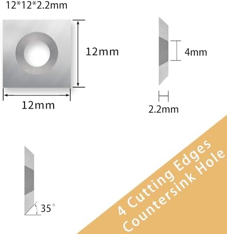 12mm Square Corners Carbide Inserts 4 Edges (12mm lengthX12mm widthX2.2mm thick-35 Degree Cutting Angle), Pack of 10, Countersink Hole