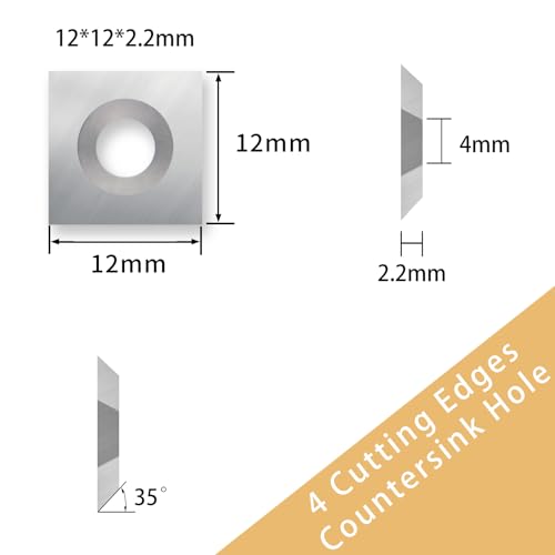 BINSTAK 12mm Square Corners Carbide Inserts 4 Edges (12mm lengthX12mm widthX2.2mm thick-35 Degree Cutting Angle), Pack of 10, Countersink Hole