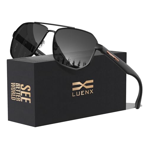 LUENX Aviator Sunglasses for Men Square Polarized Polygon Shades UV400 Sun Glasses 61mm Black Lens Matte Frame