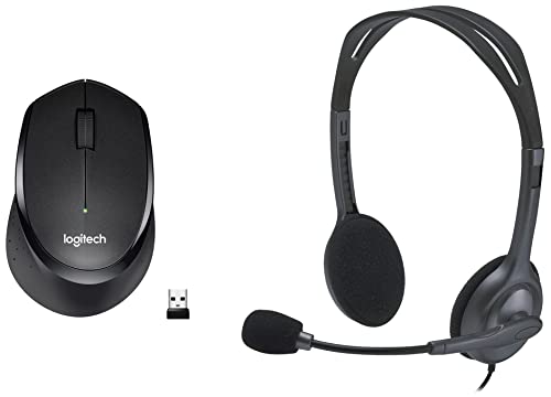 Image of Logitech M331 Silent Plus Wireless Mouse, 2.4GHz with USB Nano Receiver, 1000 DPI Optical Tracking, 3 Buttons,24 Month Life Battery, PC /Mac /Laptop - Black & H111 Wired On Ear Headphones With Mic Black